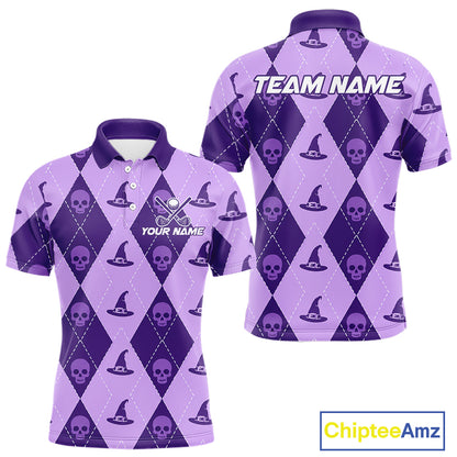 A purple and lavender argyle polo shirt with skull and witch hat patterns, shown from both front and back. The front features a white and purple 'YOUR NAME' customization option, and the back features 'TEAM NAME' customization.