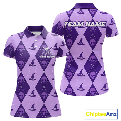 A purple and lavender argyle polo shirt with a repeating witch hat and skull pattern, shown from both front and back. The front has a 'YOUR NAME' chest print, and the back has 'TEAM NAME' printed across the shoulders.