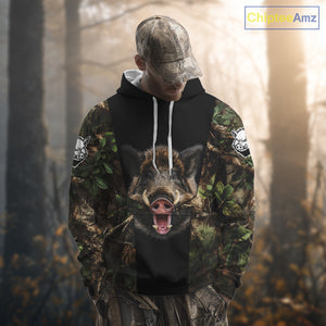Custom Wild Boar Hunting 3D Shirt Black and Forest Camo with US Flag, Boar Hunting Gifts NHT181