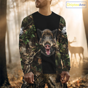 Custom Wild Boar Hunting 3D Shirt Black and Forest Camo with US Flag, Boar Hunting Gifts NHT181
