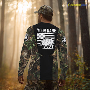 Custom Wild Boar Hunting 3D Shirt Black and Forest Camo with US Flag, Boar Hunting Gifts NHT181
