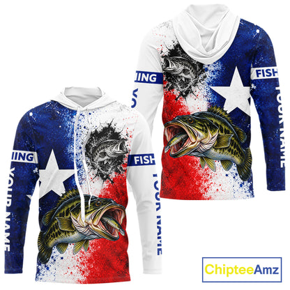 Largemouth Bass Texas Flag Hooded Fishing Shirt Shirt Custom Red White Blue Splash Fisherman Gift Apparel NHT1789