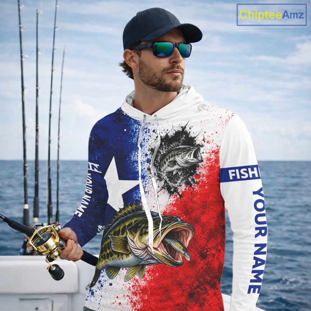 Largemouth Bass Texas Flag Hooded Fishing Shirt Shirt Custom Red White Blue Splash Fisherman Gift Apparel NHT1789