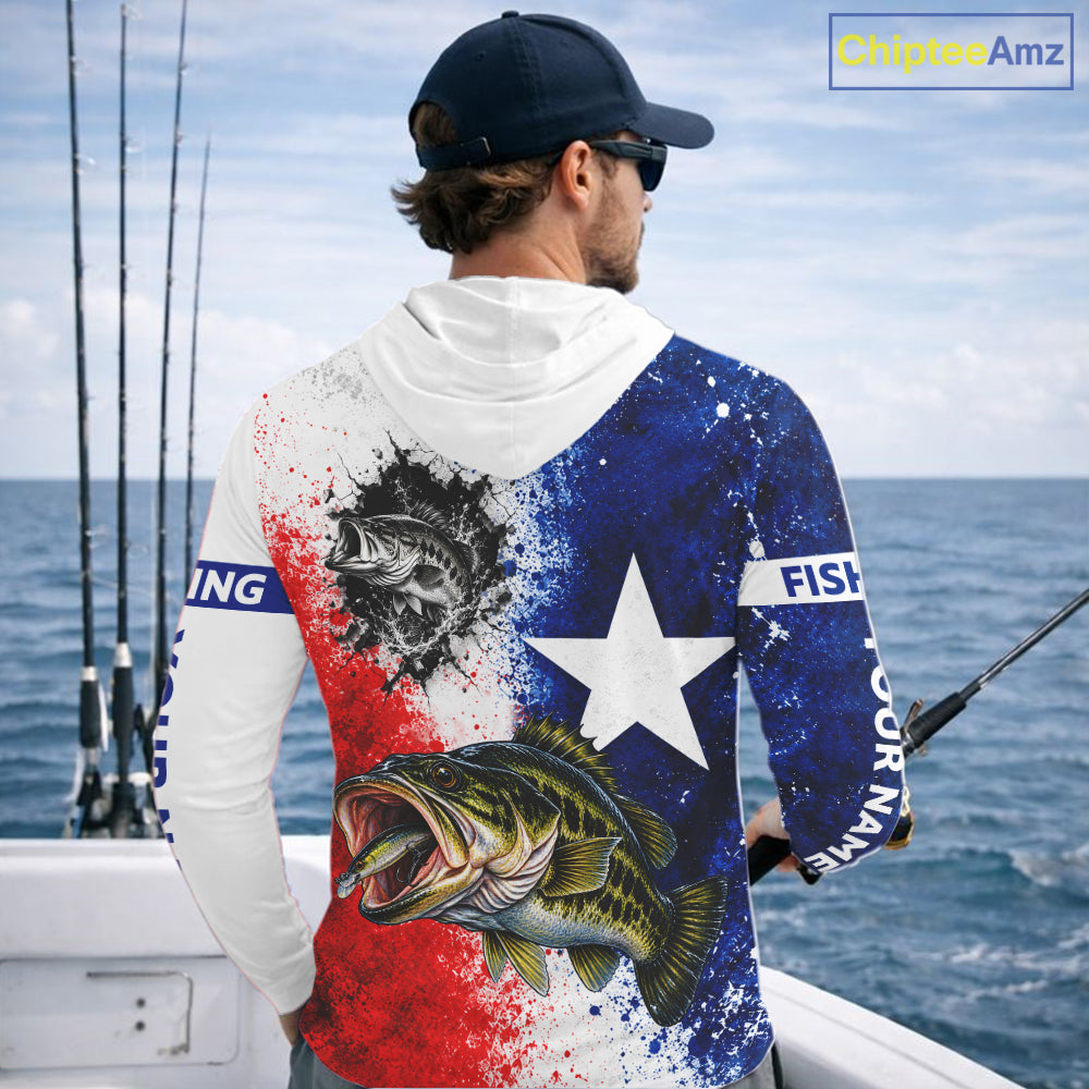 Largemouth Bass Texas Flag Hooded Fishing Shirt Shirt Custom Red White Blue Splash Fisherman Gift Apparel NHT1789