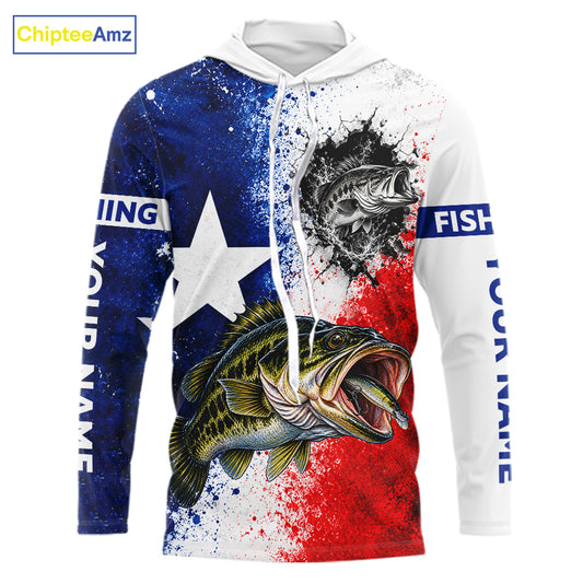 Largemouth Bass Texas Flag Hooded Fishing Shirt Shirt Custom Red White Blue Splash Fisherman Gift Apparel NHT1789