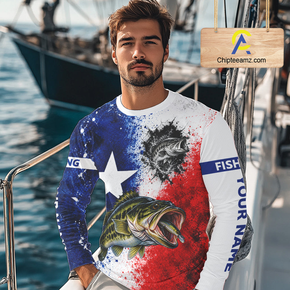 Largemouth Bass Texas Flag Fishing Shirt Custom Red White Blue Splash Fisherman Gift Apparel NHT1789