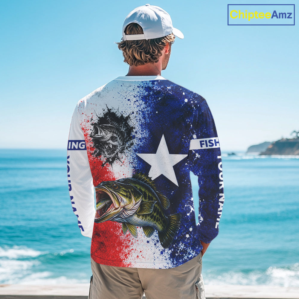 Largemouth Bass Texas Flag Fishing Shirt Custom Red White Blue Splash Fisherman Gift Apparel NHT1789