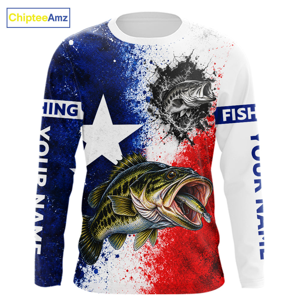 Largemouth Bass Texas Flag Fishing Shirt Custom Red White Blue Splash Fisherman Gift Apparel NHT1789