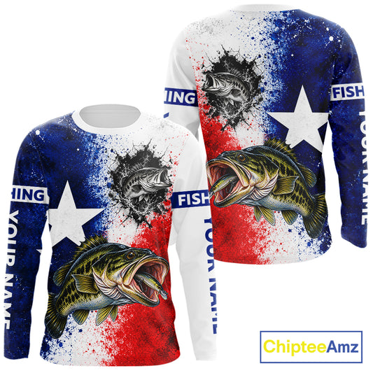 Largemouth Bass Texas Flag Fishing Shirt Custom Red White Blue Splash Fisherman Gift Apparel NHT1789