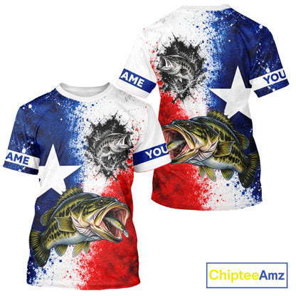 Largemouth Bass Texas Flag Short Sleeve Fishing Shirt Shirt Custom Red White Blue Splash Fisherman Gift Apparel NHT1789