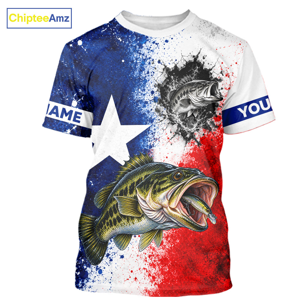 Largemouth Bass Texas Flag Short Sleeve Fishing Shirt Shirt Custom Red White Blue Splash Fisherman Gift Apparel NHT1789