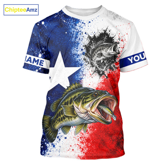 Largemouth Bass Texas Flag Short Sleeve Fishing Shirt Shirt Custom Red White Blue Splash Fisherman Gift Apparel NHT1789