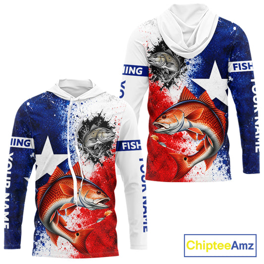 Redfish Texas Flag Hooded Fishing Shirt Shirt Custom Red White Blue Splash Fisherman Gift Apparel NHT1790