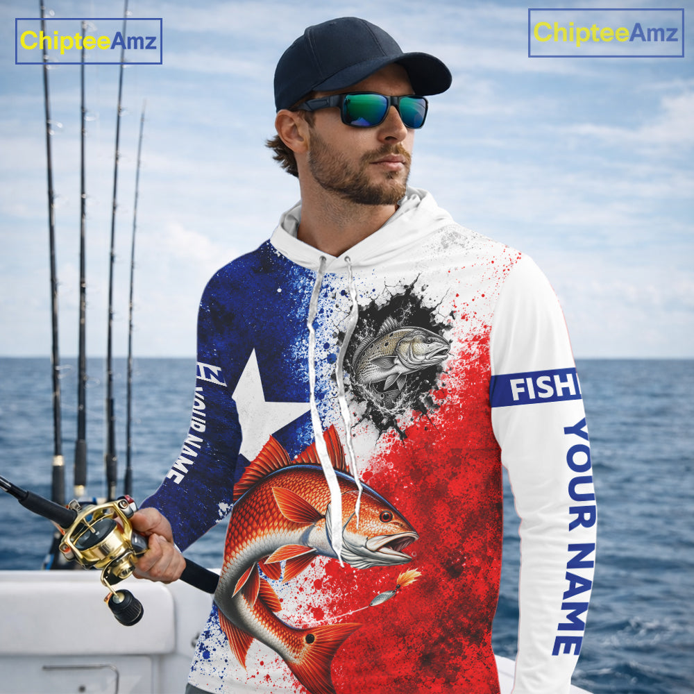 Redfish Texas Flag Hooded Fishing Shirt Shirt Custom Red White Blue Splash Fisherman Gift Apparel NHT1790