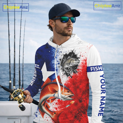Redfish Texas Flag Hooded Fishing Shirt Shirt Custom Red White Blue Splash Fisherman Gift Apparel NHT1790