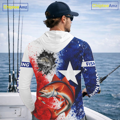 Redfish Texas Flag Hooded Fishing Shirt Shirt Custom Red White Blue Splash Fisherman Gift Apparel NHT1790