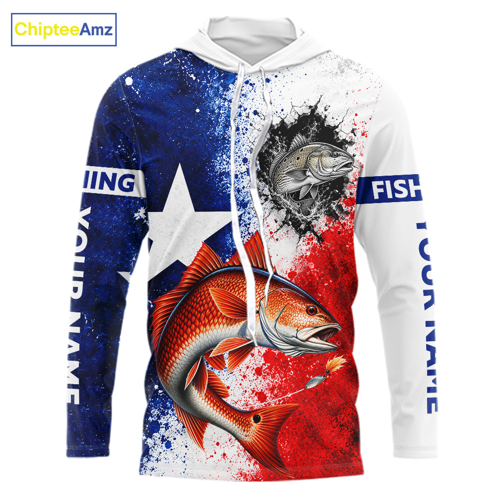 Redfish Texas Flag Hooded Fishing Shirt Shirt Custom Red White Blue Splash Fisherman Gift Apparel NHT1790