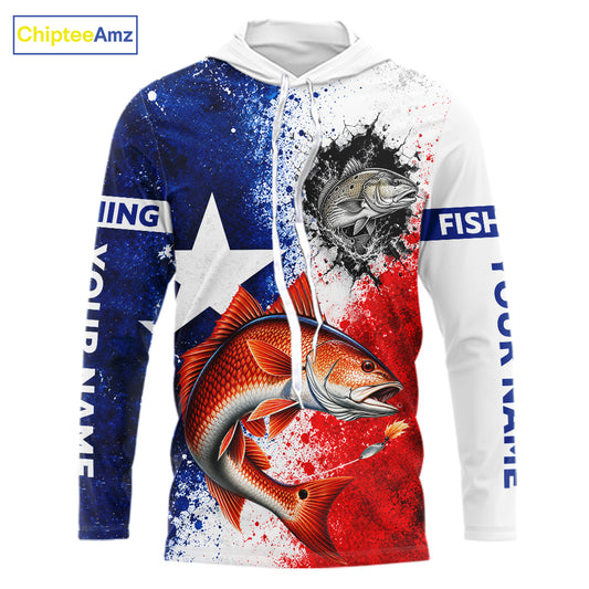 Redfish Texas Flag Hooded Fishing Shirt Shirt Custom Red White Blue Splash Fisherman Gift Apparel NHT1790