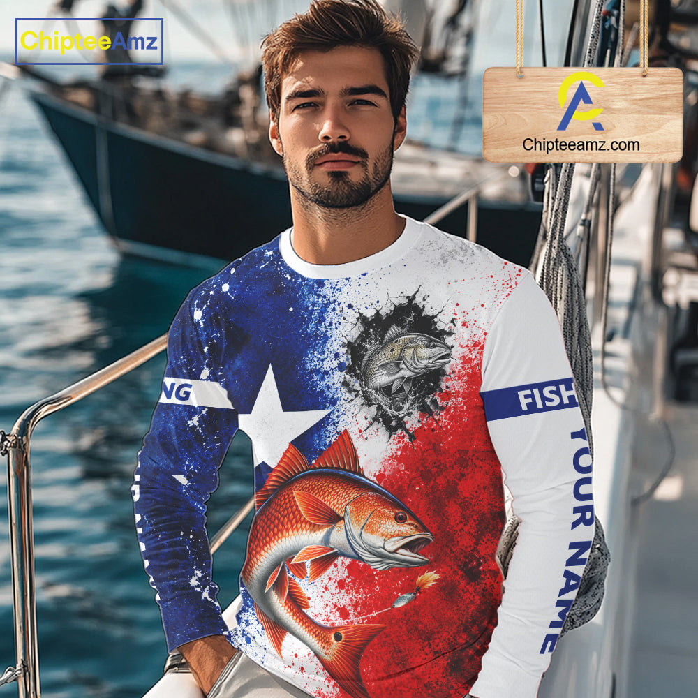 Redfish Texas Flag Fishing Shirt Custom Red White Blue Splash Fisherman Gift Apparel NHT1790