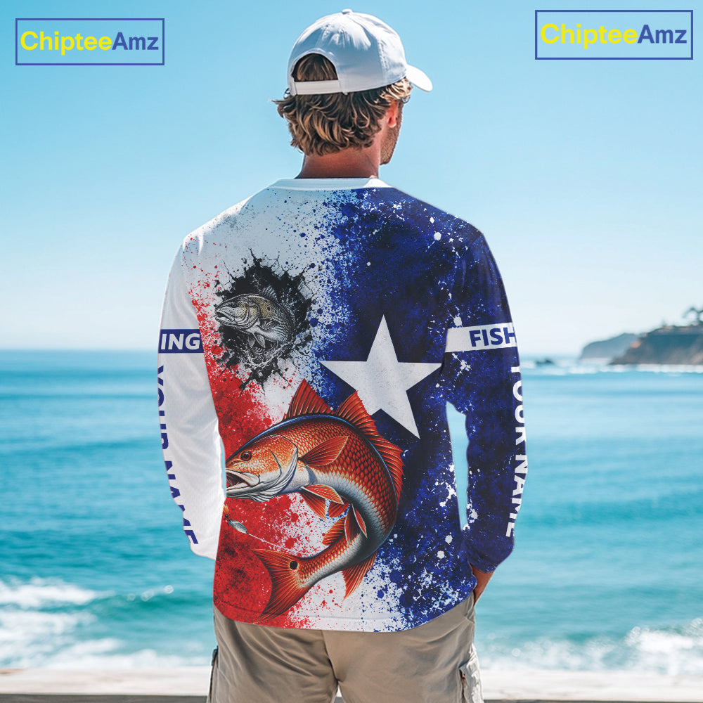 Redfish Texas Flag Fishing Shirt Custom Red White Blue Splash Fisherman Gift Apparel NHT1790