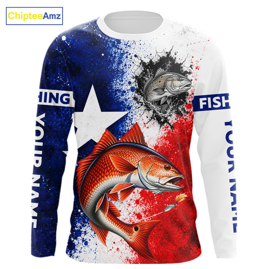 Redfish Texas Flag Fishing Shirt Custom Red White Blue Splash Fisherman Gift Apparel NHT1790