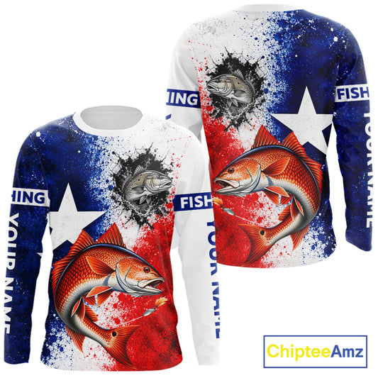 Redfish Texas Flag Fishing Shirt Custom Red White Blue Splash Fisherman Gift Apparel NHT1790