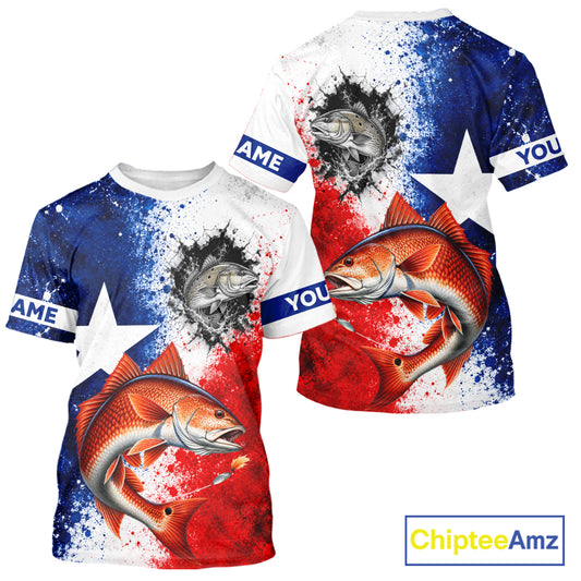Redfish Texas Flag Short Sleeve Fishing Shirt Shirt Custom Red White Blue Splash Fisherman Gift Apparel NHT1790