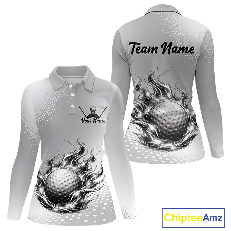 Personalized Flaming Golf Ball Womens Polo Shirt Gray Fire Design Custom Name Golf Shirts For Team NHT619