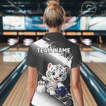 Load image into Gallery viewer, Person wearing a bowling shirt with a tiger design and 'TEAM NAME' text in a bowling alley.