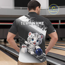 Load image into Gallery viewer, Person wearing a bowling shirt with a tiger design and 'TEAM NAME' text in a bowling alley.