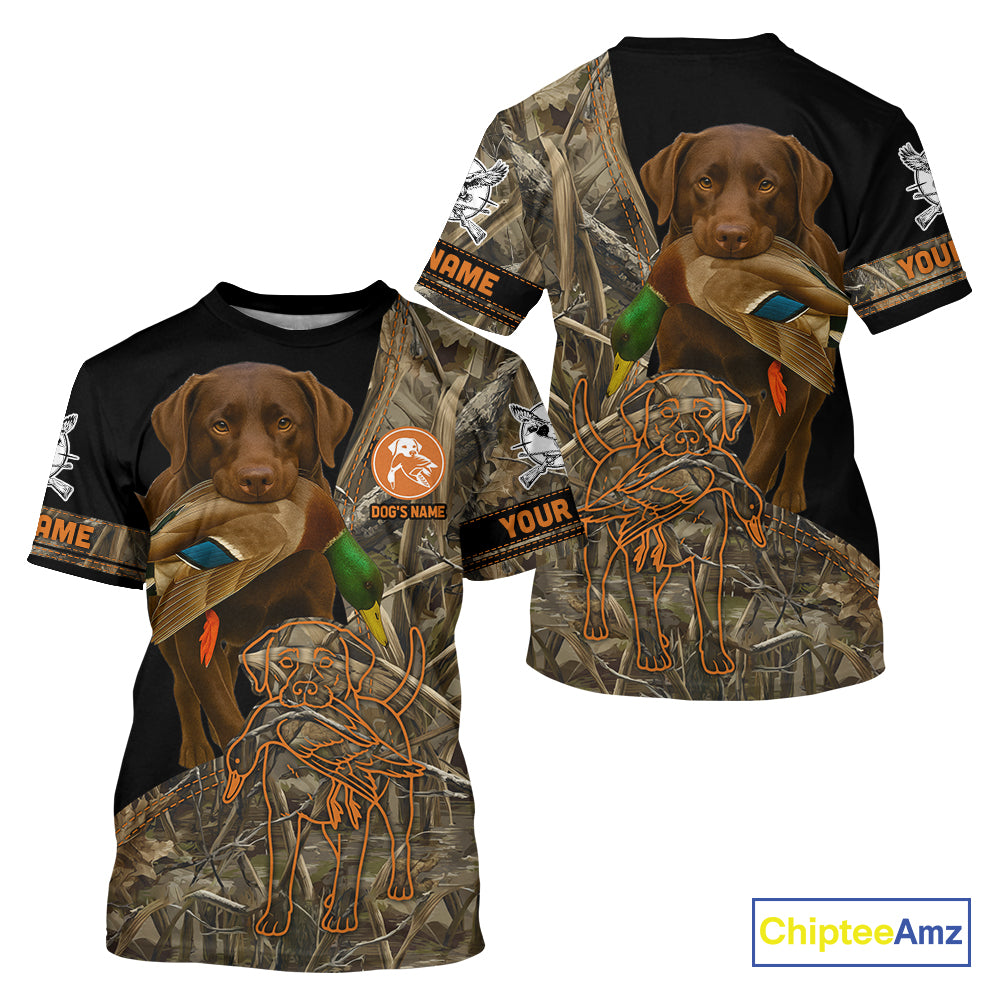 Chocolate Lab Hunting Dog Customized Name All Over Print Shirts For Hunters, Duck Hunting NHT275