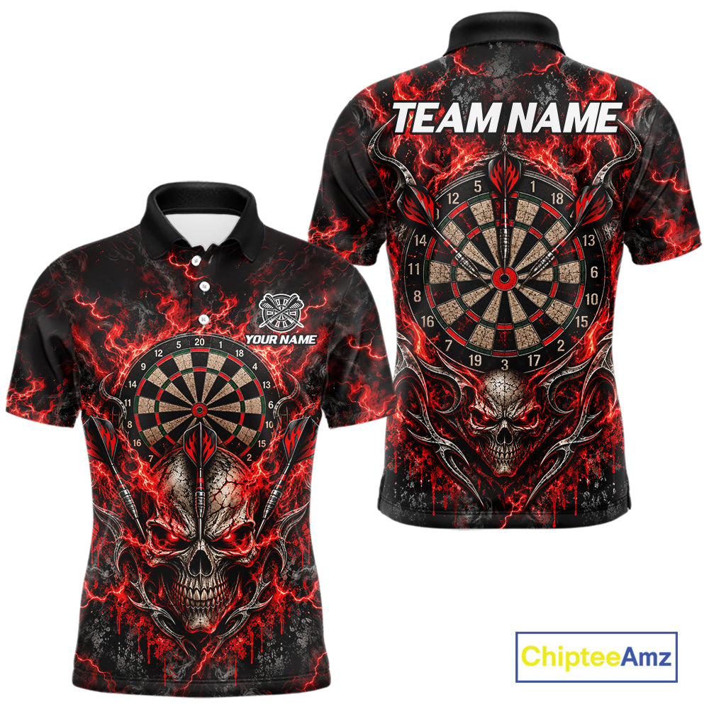 Red Fire Skull Darts Polo Shirt For Men Custom Quarter Zip Dart Board Team Tournament Jersey NHT1795