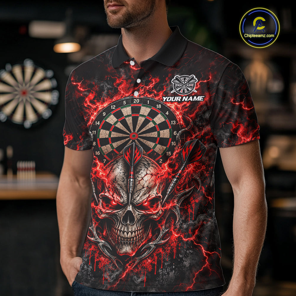 Red Fire Skull Darts Polo Shirt For Men Custom Quarter Zip Dart Board Team Tournament Jersey NHT1795