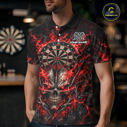 Red Fire Skull Darts Polo Shirt For Men Custom Quarter Zip Dart Board Team Tournament Jersey NHT1795