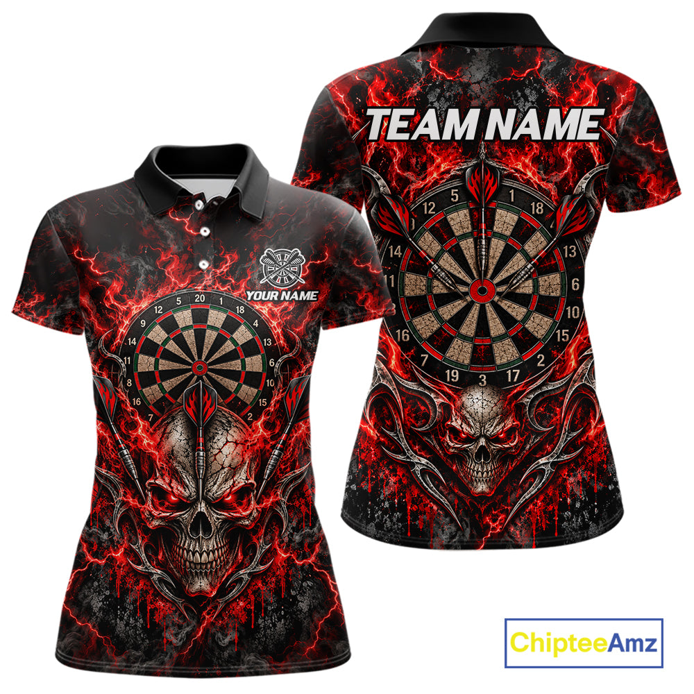 Red Fire Skull Darts Polo Shirt For Women Custom Quarter Zip Dart Board Team Tournament Jersey NHT1795