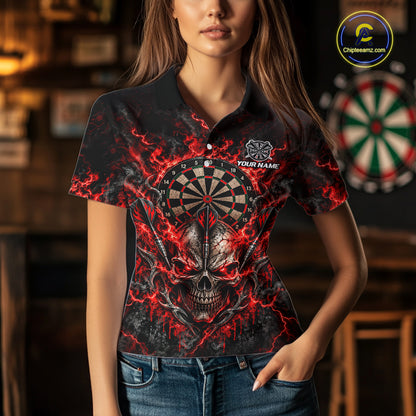 Red Fire Skull Darts Polo Shirt For Women Custom Quarter Zip Dart Board Team Tournament Jersey NHT1795