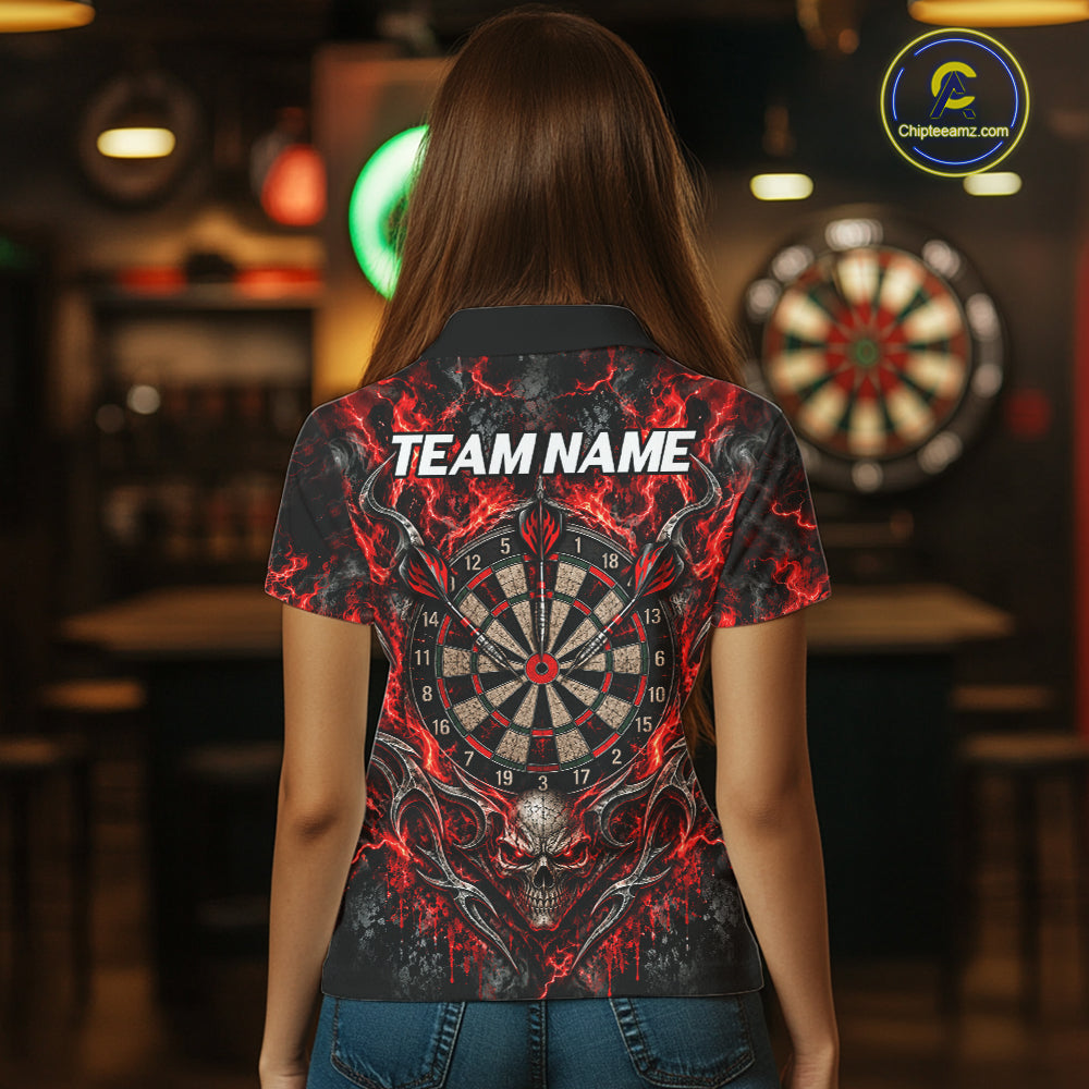 Red Fire Skull Darts Polo Shirt For Women Custom Quarter Zip Dart Board Team Tournament Jersey NHT1795