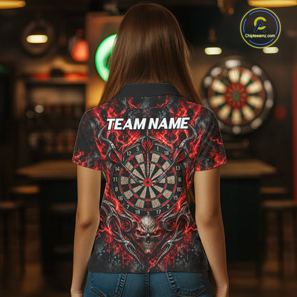 Red Fire Skull Darts Polo Shirt For Women Custom Quarter Zip Dart Board Team Tournament Jersey NHT1795