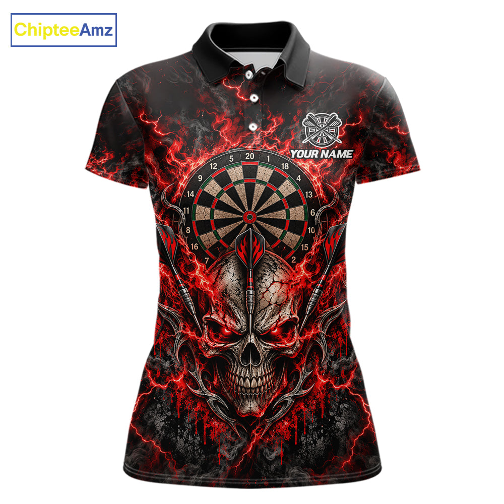 Red Fire Skull Darts Polo Shirt For Women Custom Quarter Zip Dart Board Team Tournament Jersey NHT1795