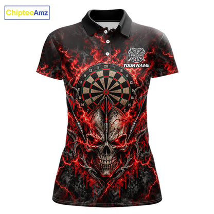 Red Fire Skull Darts Polo Shirt For Women Custom Quarter Zip Dart Board Team Tournament Jersey NHT1795