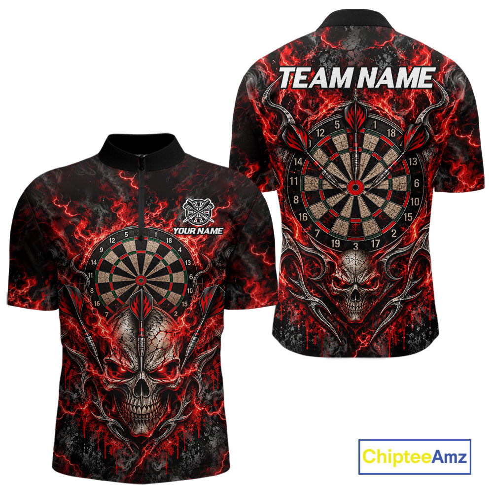 Red Fire Skull Darts Polo Shirt For Men Custom Quarter Zip Dart Board Team Tournament Jersey NHT1795