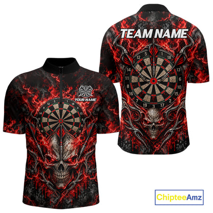 Red Fire Skull Darts Polo Shirt For Men Custom Quarter Zip Dart Board Team Tournament Jersey NHT1795