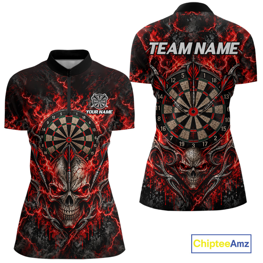 Red Fire Skull Darts Polo Shirt For Women Custom Quarter Zip Dart Board Team Tournament Jersey NHT1795