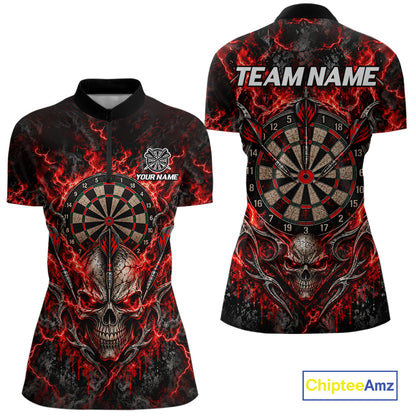 Red Fire Skull Darts Polo Shirt For Women Custom Quarter Zip Dart Board Team Tournament Jersey NHT1795