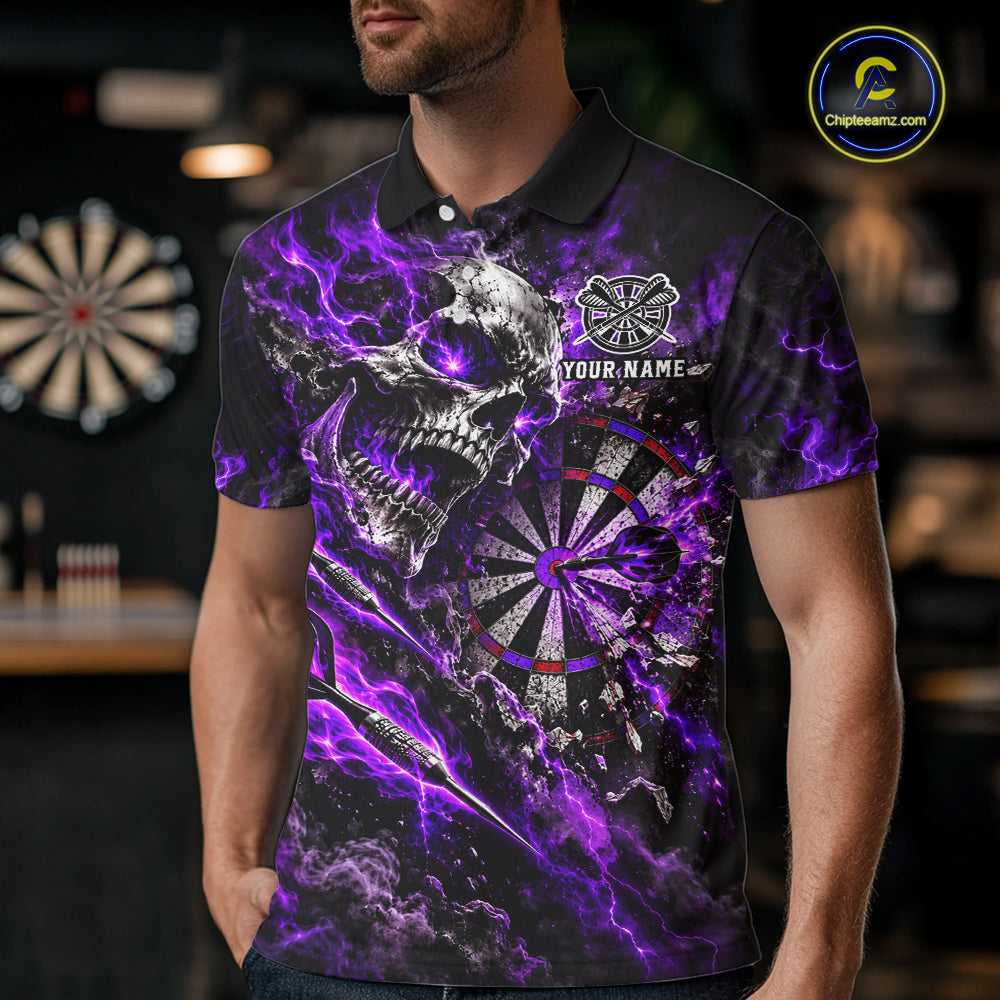 Purple Fire Skull Men Darts Polo Shirt Personalized Quarter Zip Performance Team Jersey NHT1796