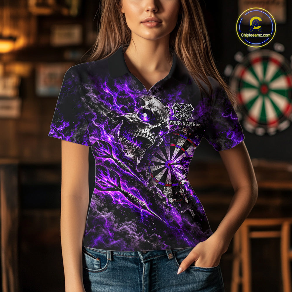 Purple Fire Skull Women Darts Polo Shirt Personalized Quarter Zip Performance Team Jersey NHT1796