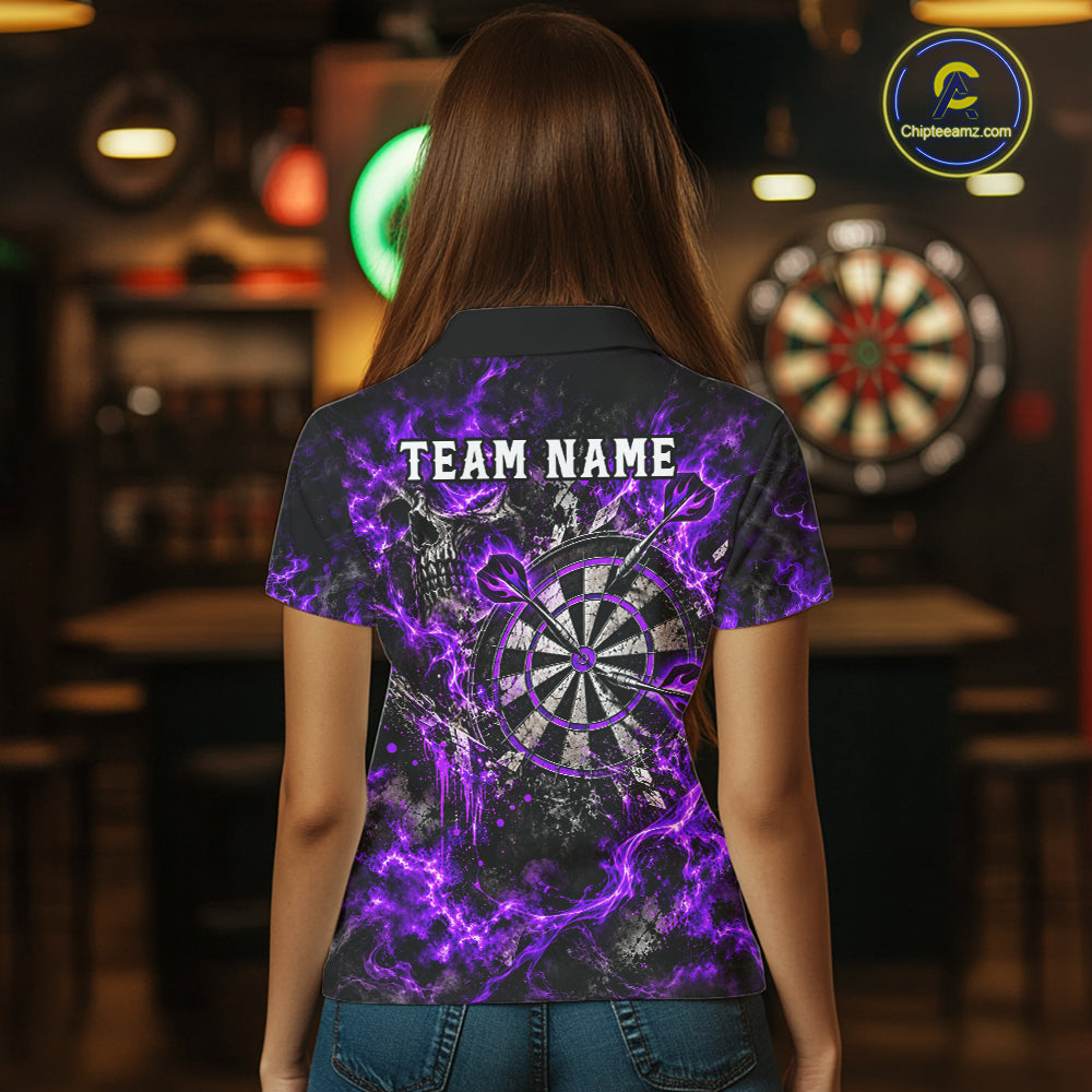 Purple Fire Skull Women Darts Polo Shirt Personalized Quarter Zip Performance Team Jersey NHT1796