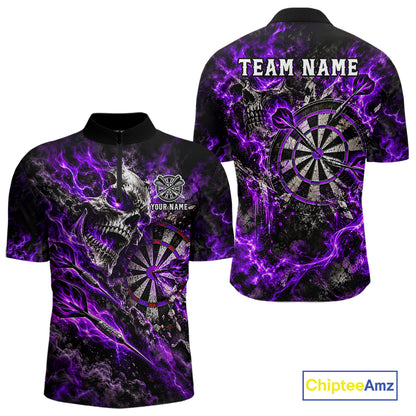 Purple Fire Skull Men Darts Polo Shirt Personalized Quarter Zip Performance Team Jersey NHT1796
