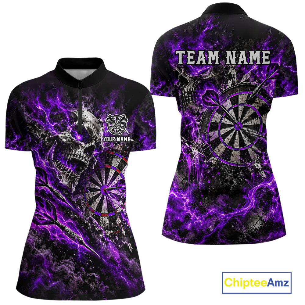 Purple Fire Skull Women Darts Polo Shirt Personalized Quarter Zip Performance Team Jersey NHT1796