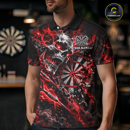 Red Fire Skull Men Darts Polo Shirt Personalized Quarter Zip Performance Team Jersey NHT1797